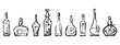 Contour hand drawings of set different wine bottles, vector sketches isolated on white