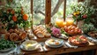 A cozy rustic Easter brunch table with spring flowers, homemade pastries and Easter eggs