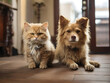 cat and dog walking in a home ,cat and dog standing together in house