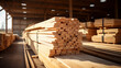 stack of constuction wood / lumber in a storage or sawmill. DIY. building