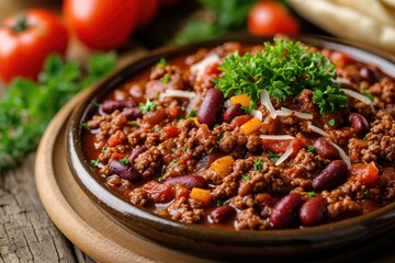 Wall Mural - plate of Beef chili con carne made of ground beef, chopped onion, minced garlic, tomato paste, kidney beans, cumin, oregano, cayenne pepper, paprika powder