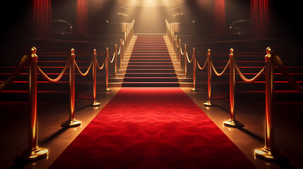 Wall Mural - Red carpet on the stairs on dark background, the way to glory, victory and success