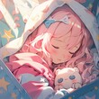 Illustration of a newborn baby sleeping peacefully on a floral patterned pillow, surrounded by soft pastel shades. Concept: baby care, birth card