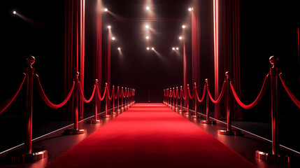 Wall Mural - Red carpet on the stairs on dark background, the way to glory, victory and success