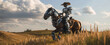 Une illustration futuriste d'un robot assis sur un cheval robotisé, dans la nature, image avec espace pour texte.