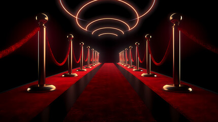 Wall Mural - Red carpet on the stairs on dark background, the way to glory, victory and success