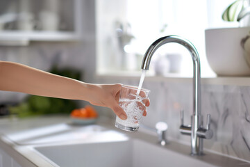 Wall Mural - Filling up a glass with clean drinking water from kitchen faucet. Safe to drink tap water.