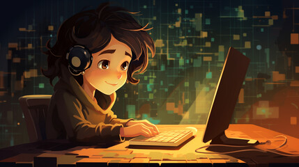 Child learning to code on computer laptop.