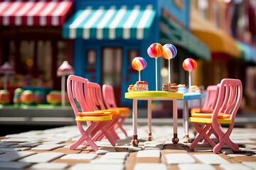 Wall Mural - A miniature street cafe where benches and tables are crafted from colorful lollipops