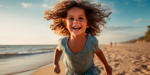 Happy child playing on a tropical beach. A child runs and plays in the sand on a family summer vacation. A child runs and jumps on the ocean shore.