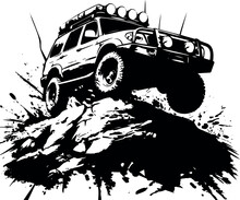 Bold Offroad Vehicle Silhouette Against A Black And White Backdrop, Highlighting Mud Splashes