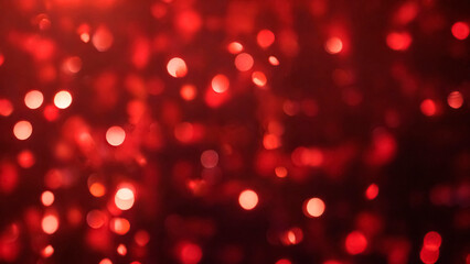 Wall Mural - Red sparkling bokeh lights on blurry background. Festive abstract design, love concept. Defocused circle lights, falling shiny confetti