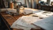 © EVGENIA - A well-lit workspace with architectural blueprints and drawing tools spread on a wooden table