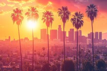 Palm Trees And Sun Setting Over The Los Angeles Skyline