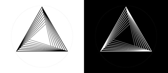 Poster - Geometric triangle shape with swirl lines as modern design element, logo or icon. Black shape on a white background and the same white shape on the black side.