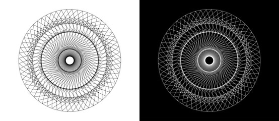 Lines in circle like safety pattern or guilloche for any projects. Black shape on a white background and the same white shape on the black side.