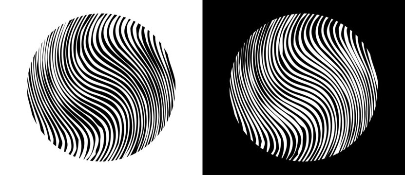 Abstract background with wave lines in circles. A black figure on a white background and the same white figure on the black side.