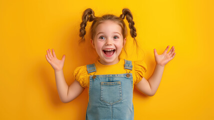 Wall Mural - Portrait of young excited shocked crazy smiling girl child kid. isolated on yellow color background.