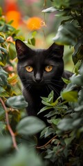 Wall Mural - A black cat walking through green leaves. Black cat of bad luck and misfortune superstitions. Black cat considered a messenger of evil in past times.
