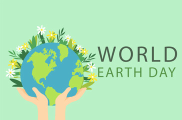 Earth Day, international day, Planet earth lies on hands around flowers. Flat vector design for campaign, poster, web, mobile, social media post