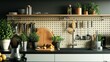 Modern kitchen with pegboard, sink and utensils