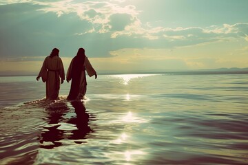 Wall Mural - Enigmatic depiction of jesus and peter walking on water A narrative of faith and doubt