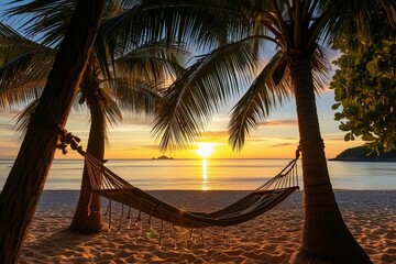 Wall Mural - Tranquil beach scene at sunset with hammocks and palm trees