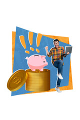 Poster - Vertical collage picture of delighted overjoyed guy use netbook raise fist big pile stack money coin pig isolated on drawing background