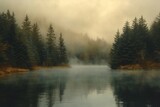 Fototapeta  - A serene misty forest and lake in gentle sepia tones, creating a tranquil haven exuding solitude. 