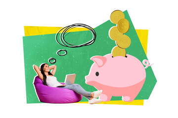 Sticker - Creative collage of thoughtful business lady sitting beanbag collect money from trading emoney bitcoin piggy bank isolated on green background