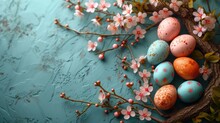 Pin And Turquois Easter Eggs With Pink Flower Background Copy Space