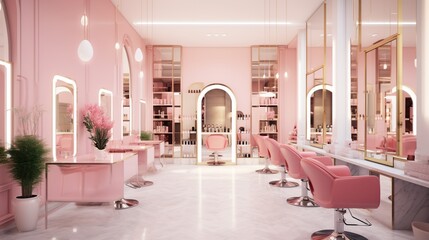 Luxury bright beauty salon and hair salon in pink color style. Barbershop business concept. Created with Generative AI