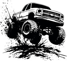 Bold Black And White Graphic Highlighting The Offroad Car's Silhouette Navigating Through Mud.