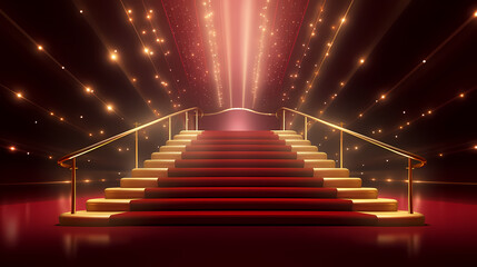 Wall Mural - Red carpet on the stairs on dark background, the way to glory, victory and success