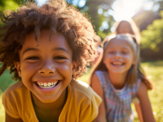 Wall Mural - Cheerful curly boy with friends outdoors