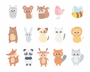 cute cartoon animals little characters owl mouse squirrel deer bird bee bear cat dog lion