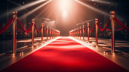 Wall Mural - Red carpet on the stairs on dark background, the way to glory, victory and success