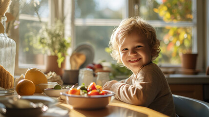 Wall Mural - The child has breakfast at the kitchen table.