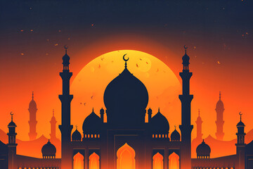 Sticker - Illustration of a mosque with a full moon in orange and black colors, Ramadan