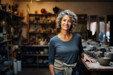 A smiling female artisan potter stands in her creative studio surrounded by handcrafted pottery