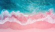 Aerial view of a tropical sandy beach and ocean coastline in abstract pink and blue tones