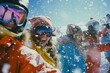 © Zense - People having fun and laughing at a ski / snowboard trip, man and women wearing ski equipment and having fun outdoor.