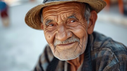 Wall Mural - Old man in hat and plaid shirt looking at camera with smile