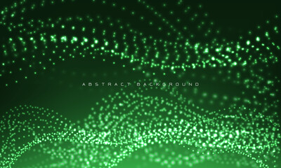 Poster - Abstract green particles flow wave dot landscape digital data structure future mesh grid technology background vector