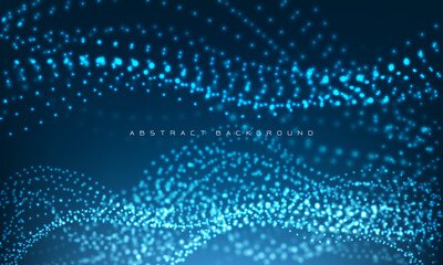 Poster - Abstract blue particles flow wave dot landscape digital data structure future mesh grid technology background vector