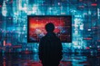 © Radomir Jovanovic - A stylish man stands in the glowing light of a street lamp, mesmerized by the art on his screen, clad in unique and fashionable clothing
