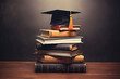 Graduation hat on stack of books on wooden table and blackboard background.
