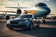 Car and private jet on landing strip. Business class service at the airport. Business class transfer. Airport shuttle