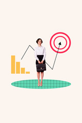 Sticker - Vertical collage standing young business lady beautiful formalwear smiling positive dynamic charts arrow progress aim achievement