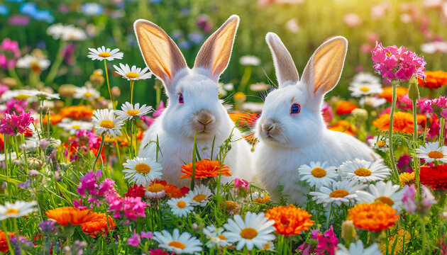 Two cute, white rabbits, in a green spring flower meadow